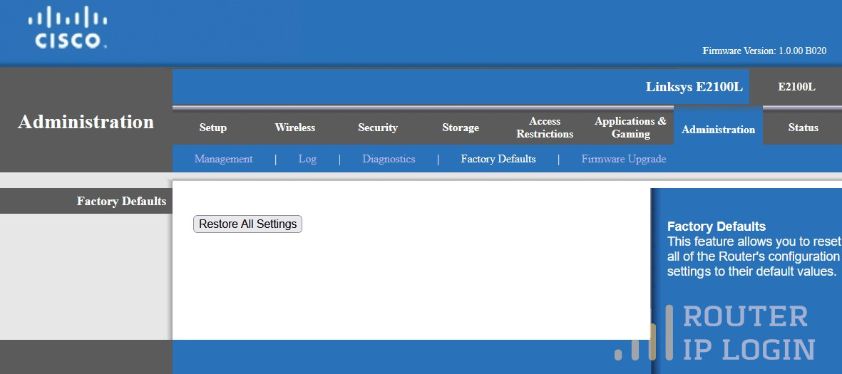 Factory Reset Default Settings - Linksys Router